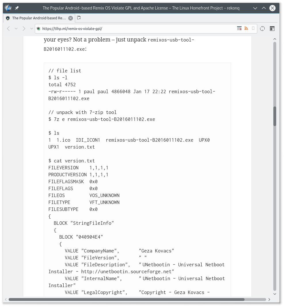 Remix OS utiliza UNebooting violando la GPLv2, debido a que no distribuye el código