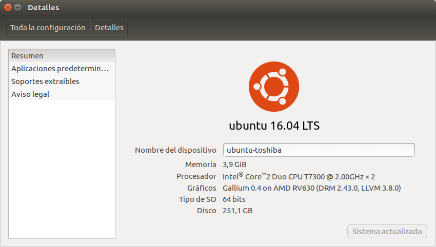 Información básica del sistema de Ubuntu 16.04 LTS sobre un Toshiba Satellite Pro P200