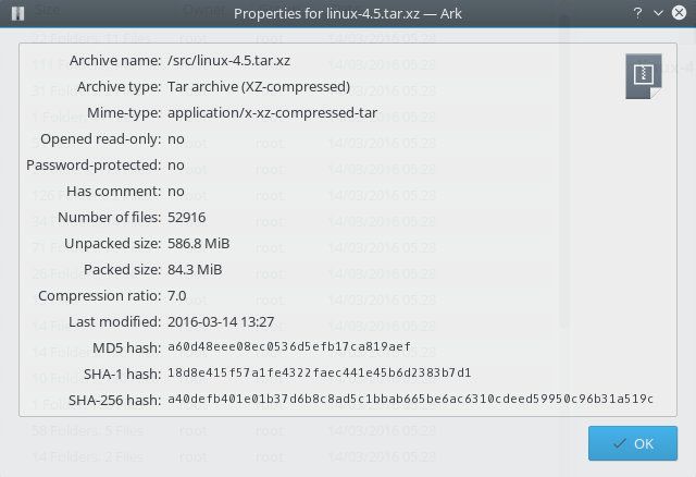 Propiedades de un fichero comprimido en Ark 16.04