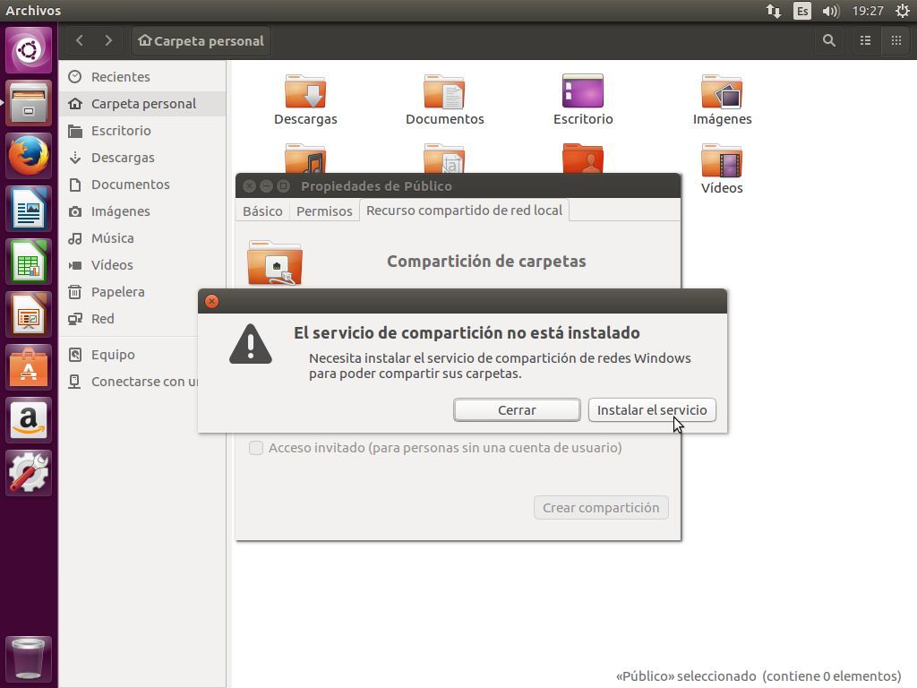Ubuntu 16.04 nos avisa cuando Samba no está instalado cuando se quiere compartir una carpeta