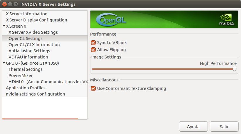 Configurar OpenGL en el panel de NVIDIA Linux