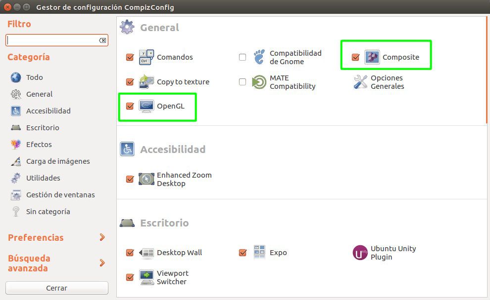Secciones a modificar en el Gestor de configuración CompizConfig (Compiz) para mejorar la compatibilidad con NVIDIA