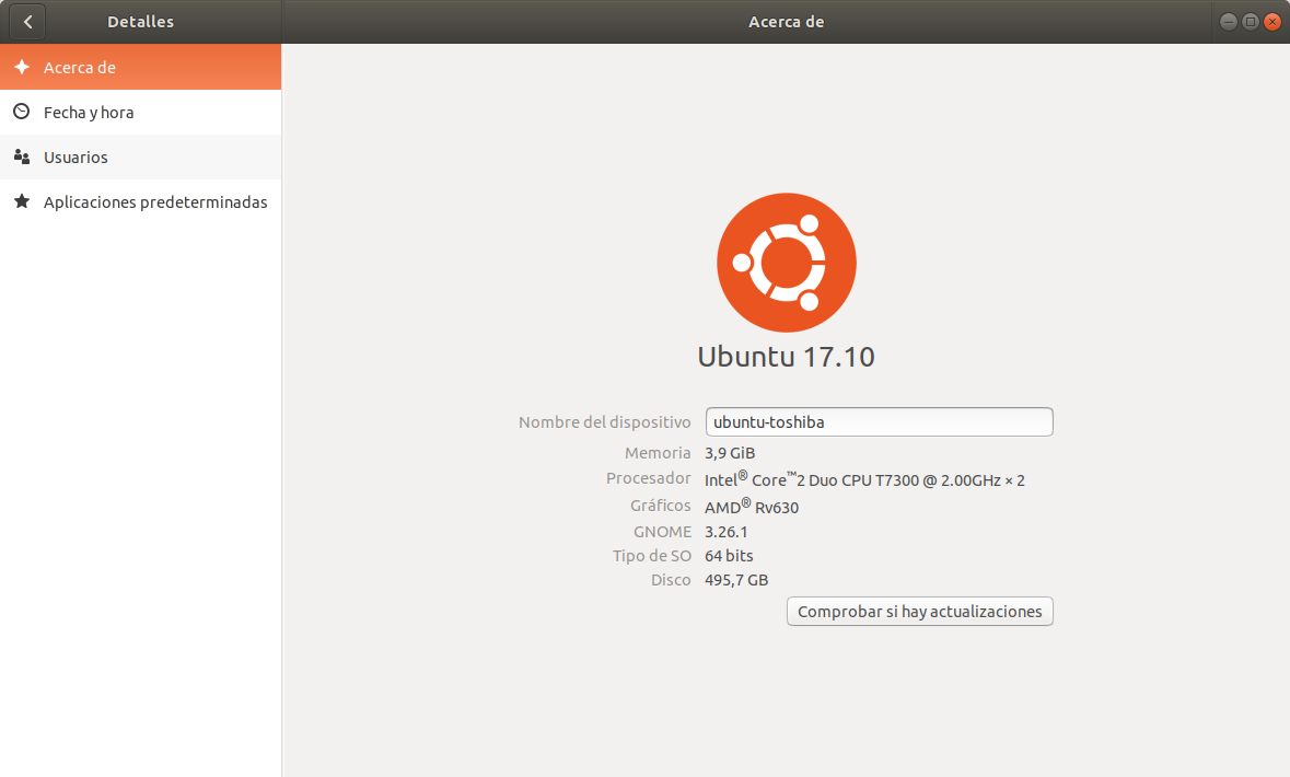 Características del portátil Toshiba Satellite Pro P200 desde Ubuntu 17.10