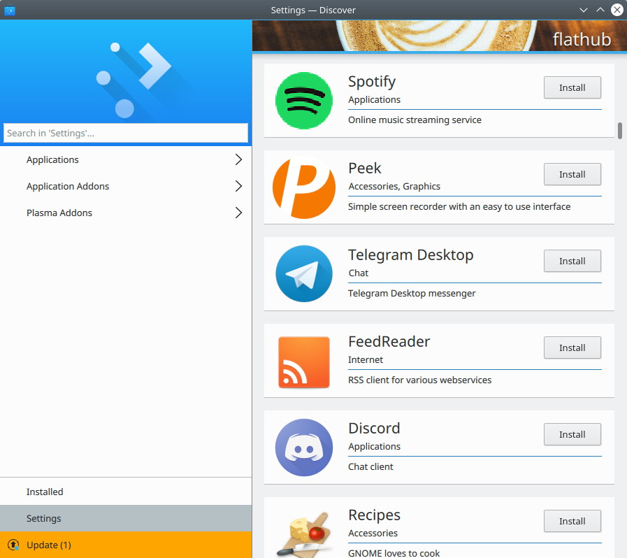 Buscando paquetes Flatpak en Discover de KDE