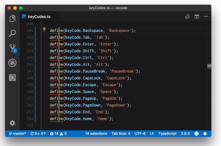 botón de en medio del ratón se utiliza para realizar una selección en bloque de columna en Visual Studio Code 1.23