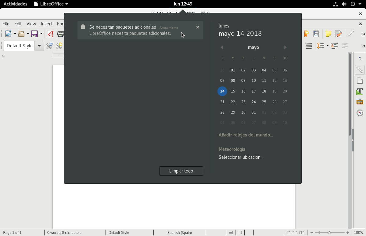 Fedora 28 Workstation sugiere instalar los paquetes de idioma faltantes al abrir LibreOffice por primera vez