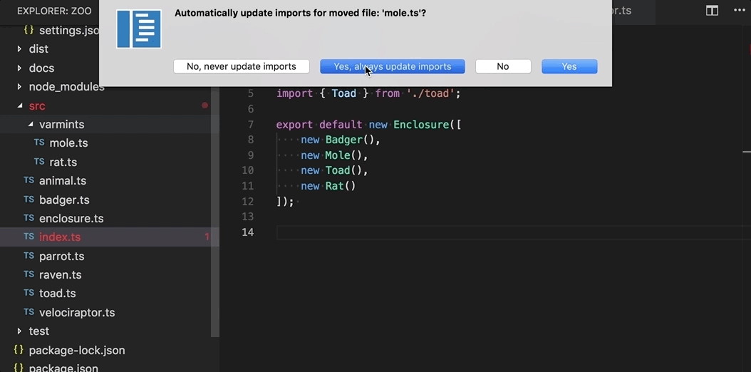 Cambio en las importaciones cuando un fichero TypeScript o JavaScript es movido en Visual Studio Code 1.24