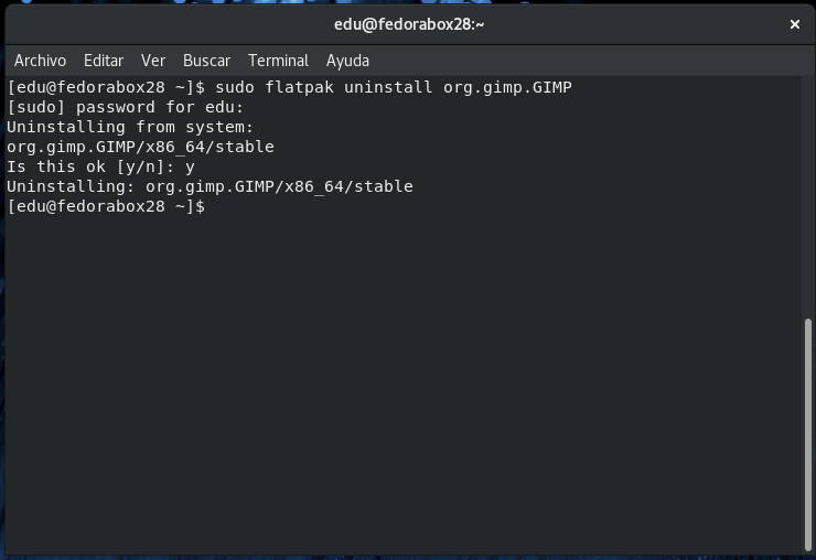 Desinstalando GIMP desde Flatpak en Fedora 28