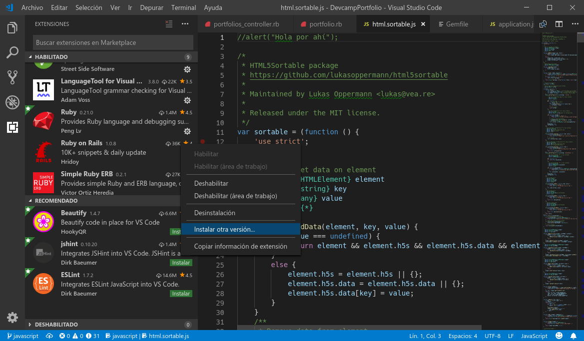 Instalar una versión previa de una extensión en Visual Studio Code 1.30
