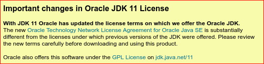 Advertencia de Oracle sobre el cambio de licencia de Java 11