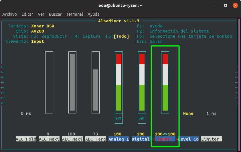 Ajustar la entrada de sonido desde alsamixer usando una ASUS Xonar en Linux