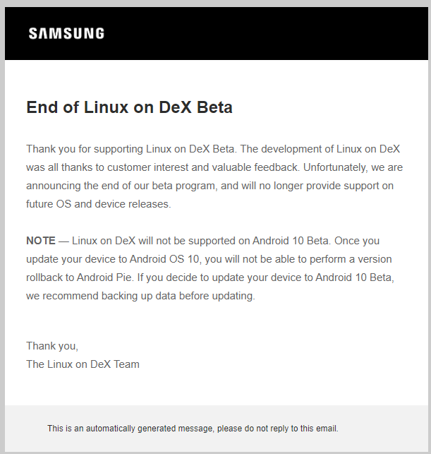 Mensaje de descontinuación de Linux on Dex