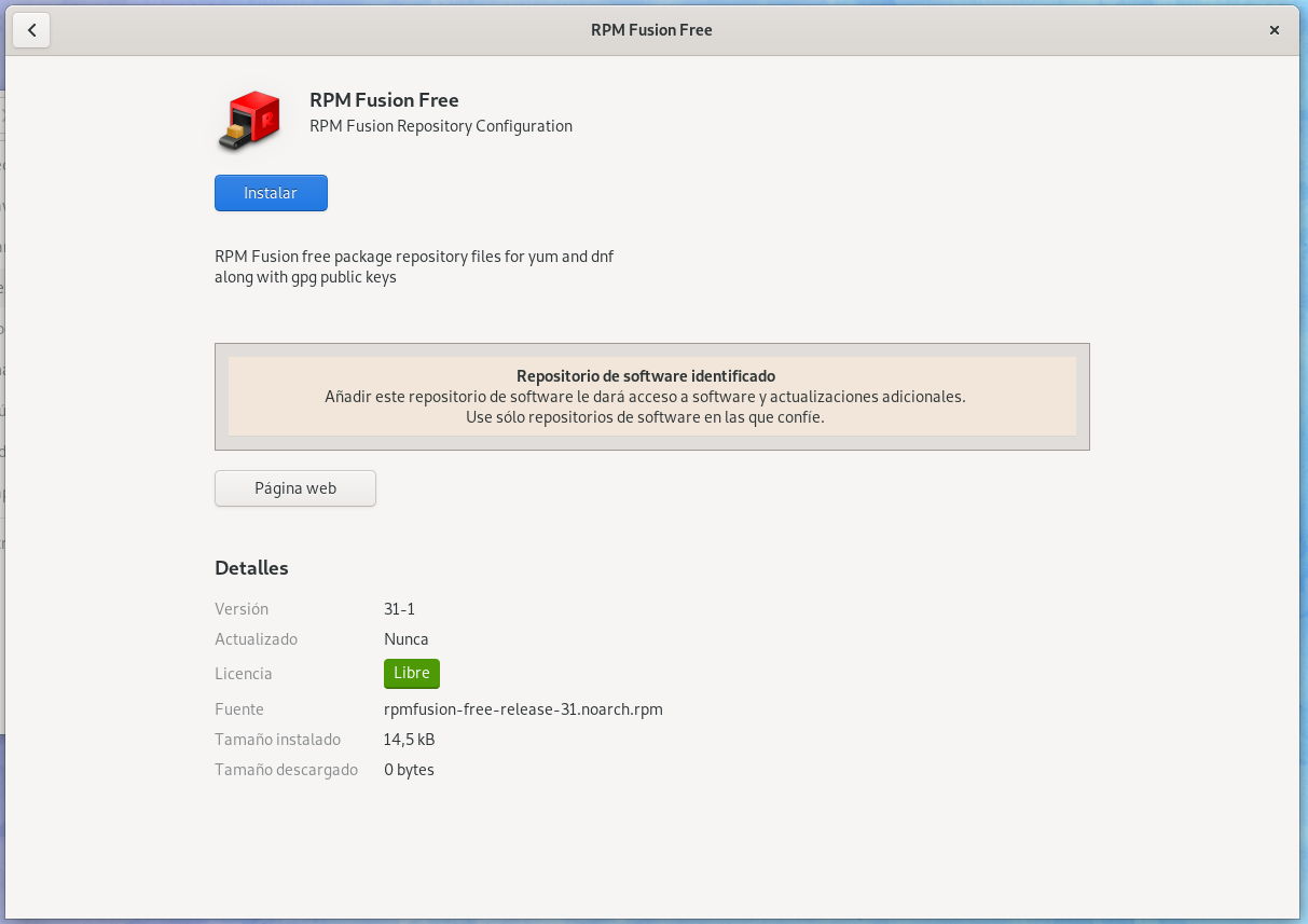 Instalando RPMFusion con GNOME Software
