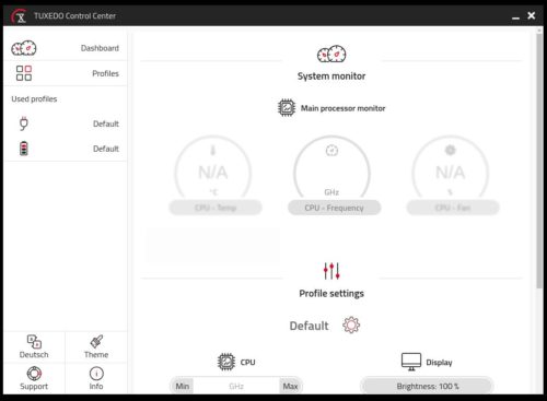 Pantalla principal del centro de control de temperatura y energía de TUXEDO