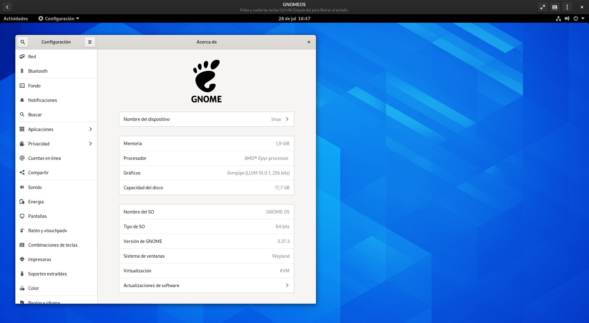 GNOME OS ejecutado en Boxes