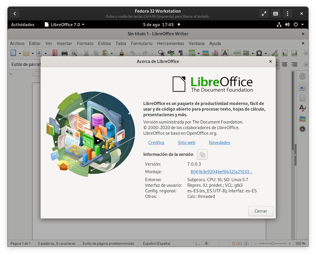 LibreOffice 7.0 en Fedora 32 Workstation