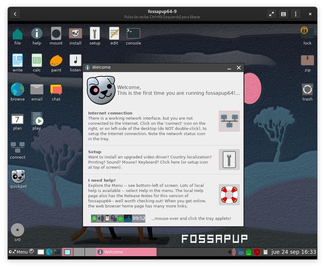 FossaPup64 9.5 o Puppy Linux 9.5 ejecutado en GNOME Boxes