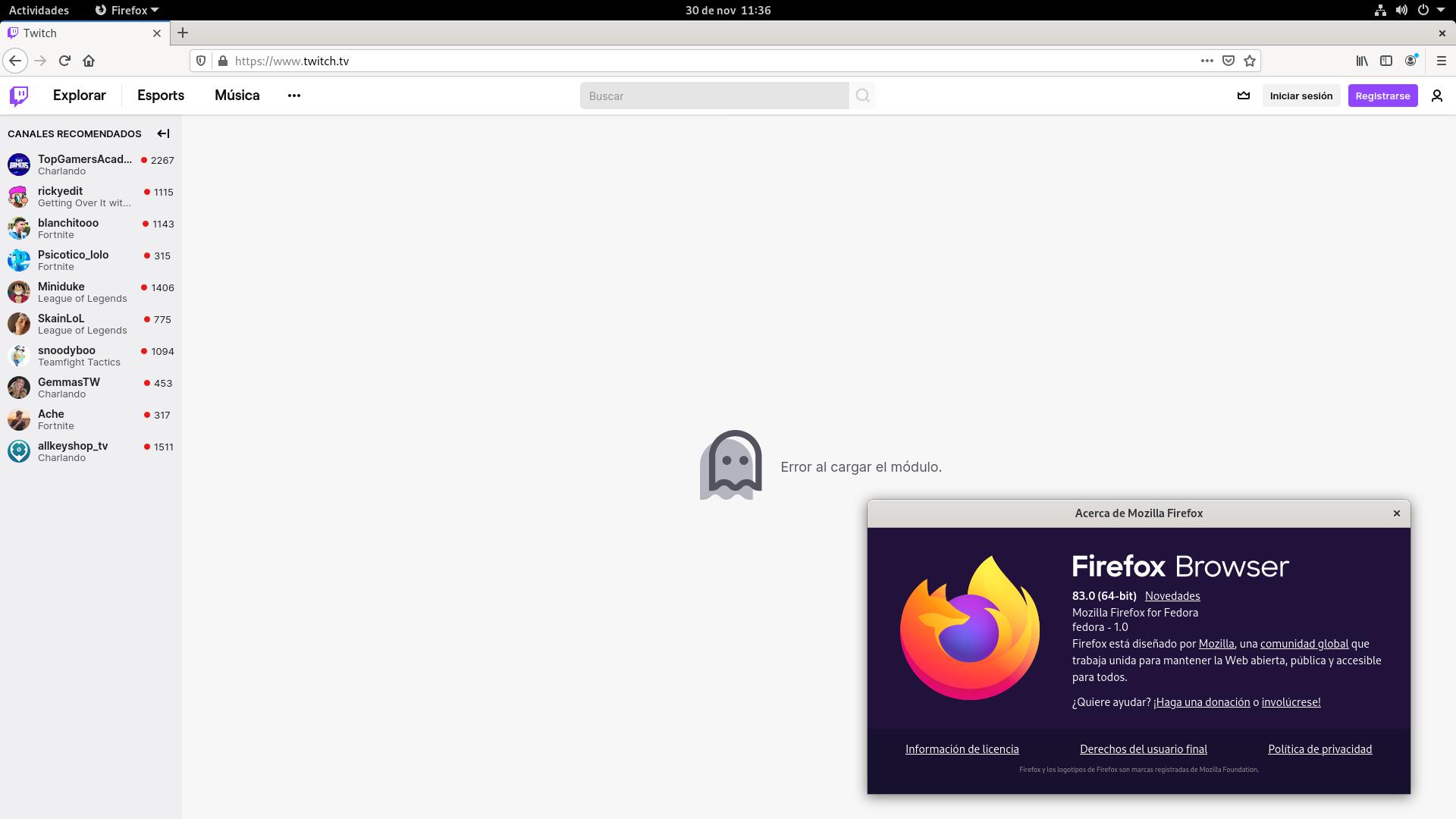 Twitch fallando en Firefox 83 suministrado por Fedora