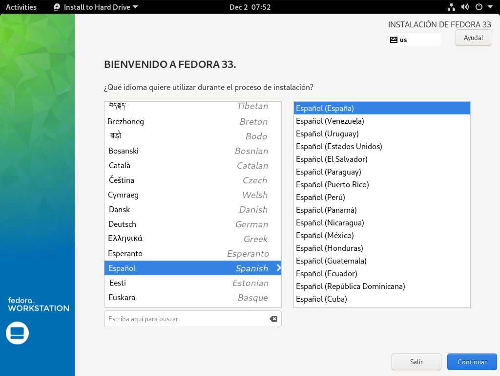 Seleccionando el idioma y la distribución de teclado predeterminada en el instalador Anaconda