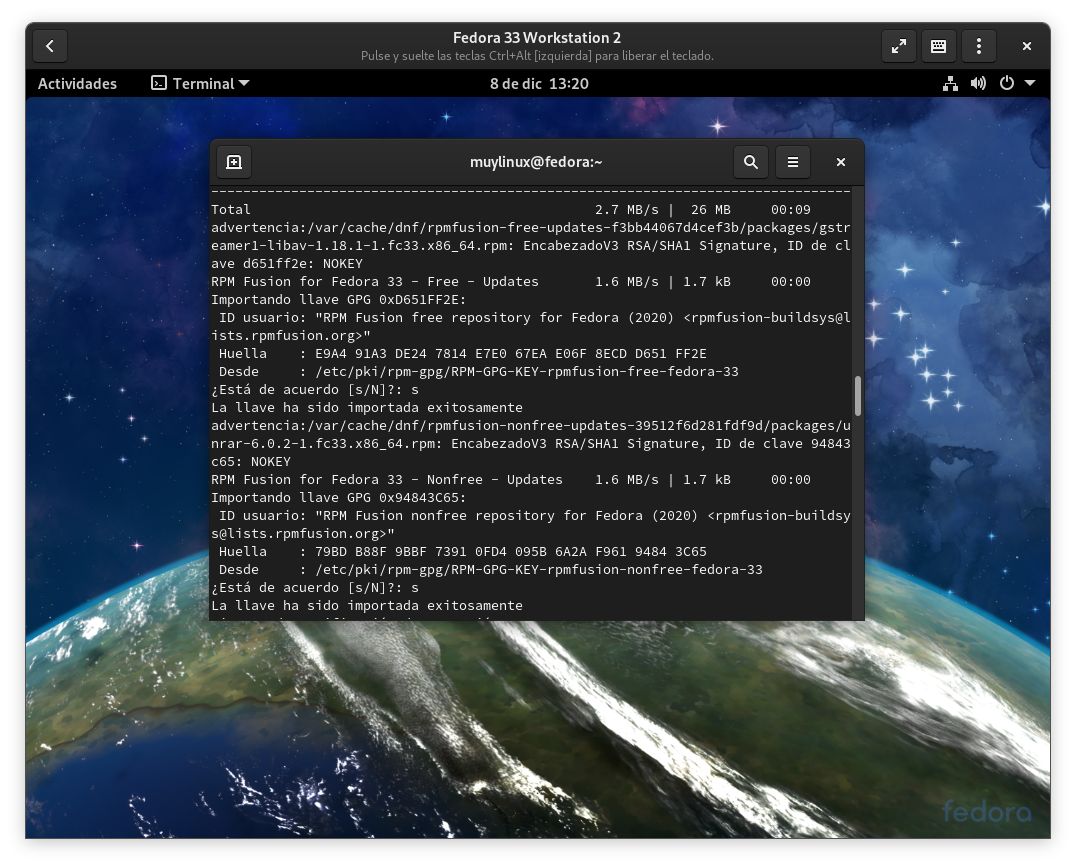 Fedora 33 Workstation ejecutado con GNOME Boxes
