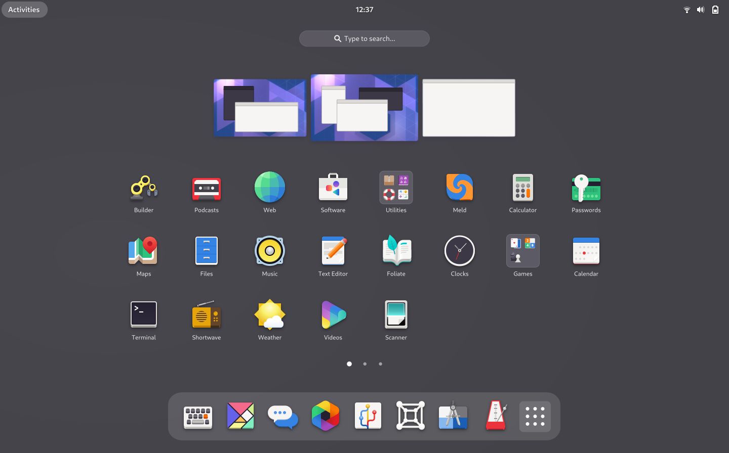 Sección de Actividades de GNOME 40 con la rejilla de aplicaciones desplegada