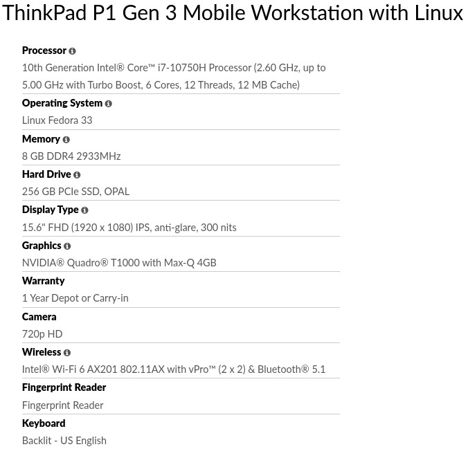 Características del Lenovo ThinkPad P1 Gen 3 con Fedora