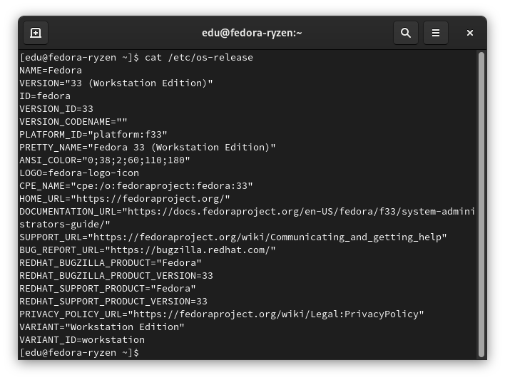 Fichero '/etc/os-release' en Fedora 33 Workstation