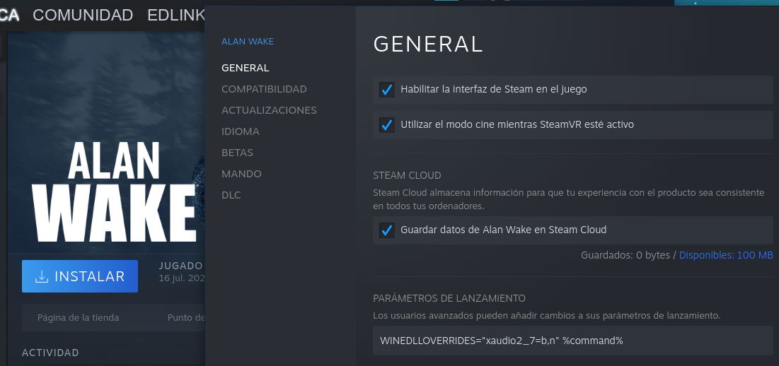 Parámetros de lanzamiento para ejecutar Alan Wake en Linux con Steam Play/Proton