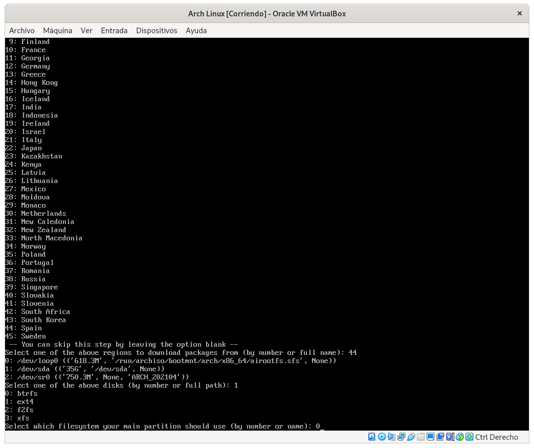 Estableciendo el formato del sistema de ficheros para la instalación de Arch Linux con archinstall