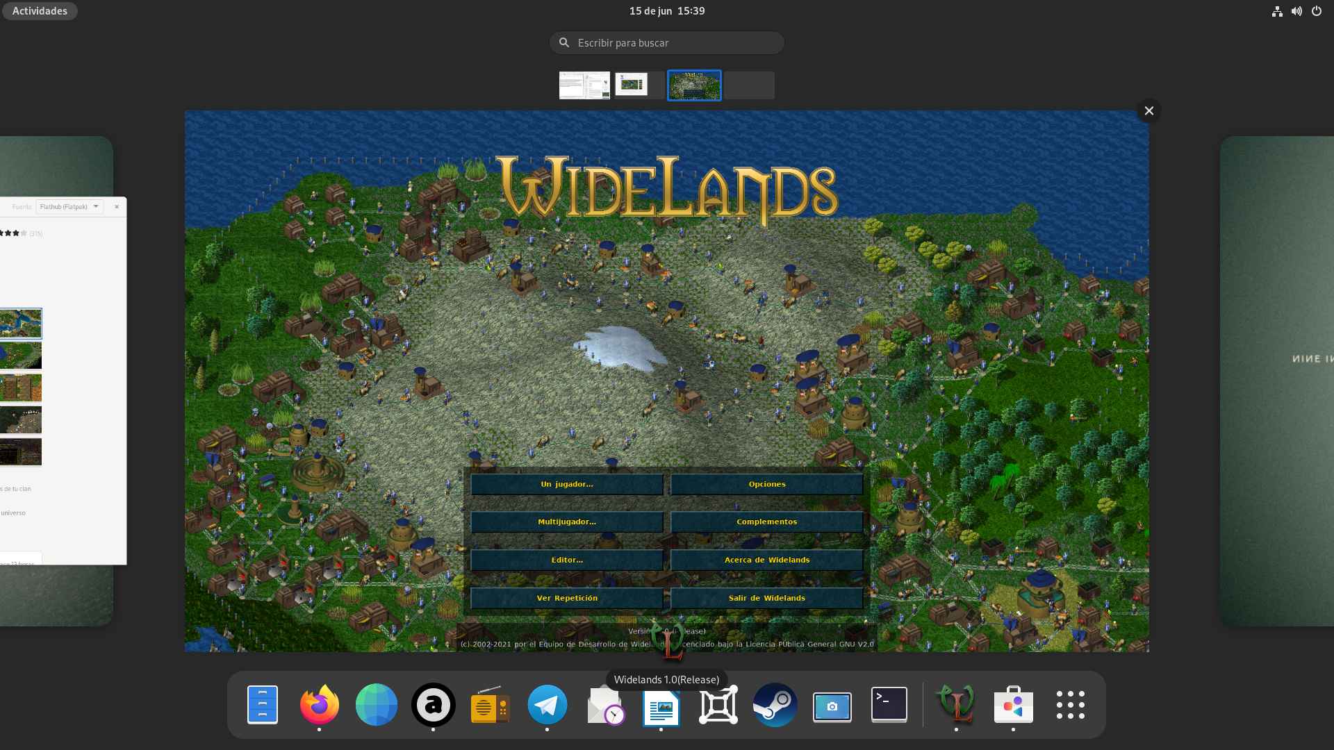 Versión Flatpak de Widelands 1.0 ejecutada en Fedora 34 Workstation