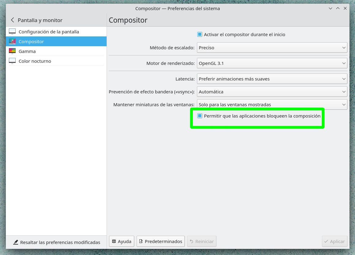 Opción que permite a las aplicaciones a pantalla completa bloquear la composición en KDE Plasma