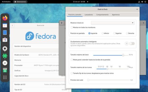 Dash to Dock en GNOME 40 con Fedora 34 Workstation