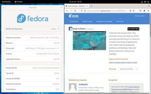 Intentando instalar Dash to Dock en GNOME 41 con Fedora 35 Workstation