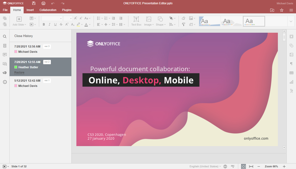 historial de versiones en la aplicación de presentaciones de diapositivas de OnlyOffice 6.4