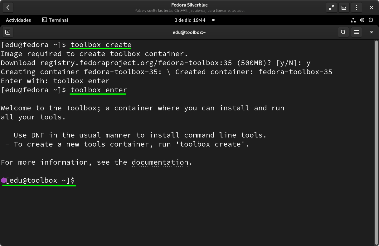 Creación y puesta en funcionamiento de un contenedor de Fedora con Toolbox