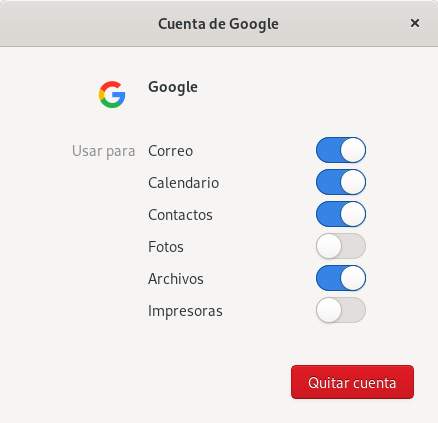 Cuenta principal de Gmail configurada en Cuentas de GNOME