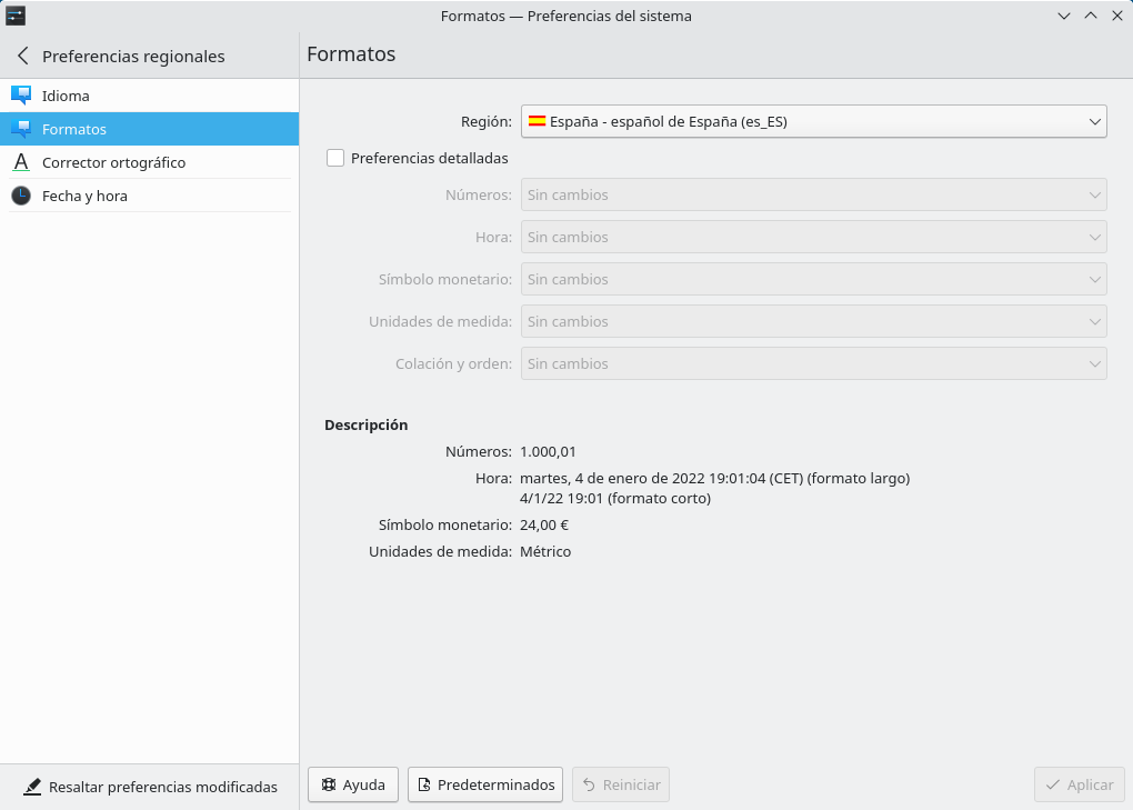 Configuración de los formatos del país en KDE Plasma.