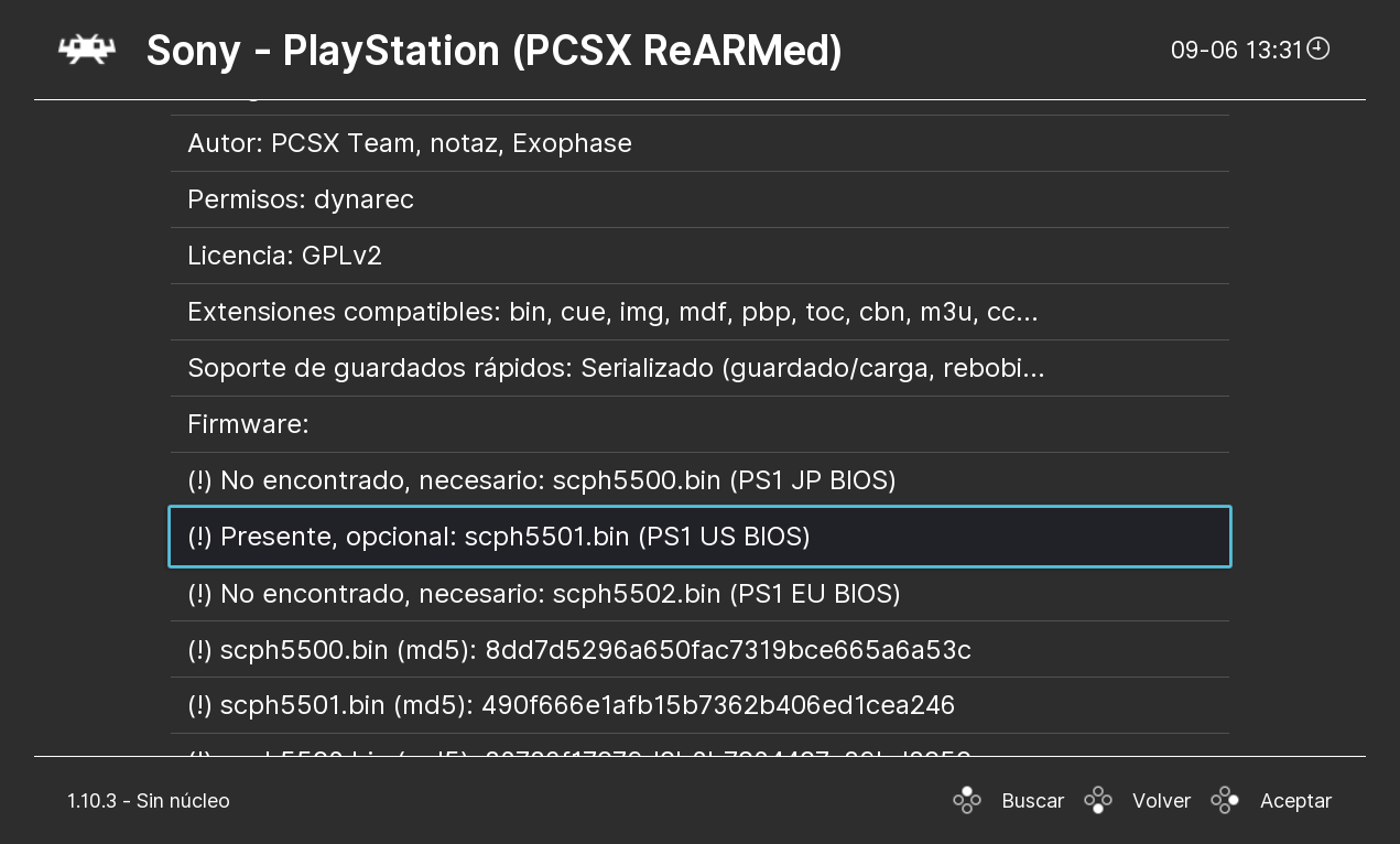 Firmware de PlayStation correctamente configurado en RetroArch