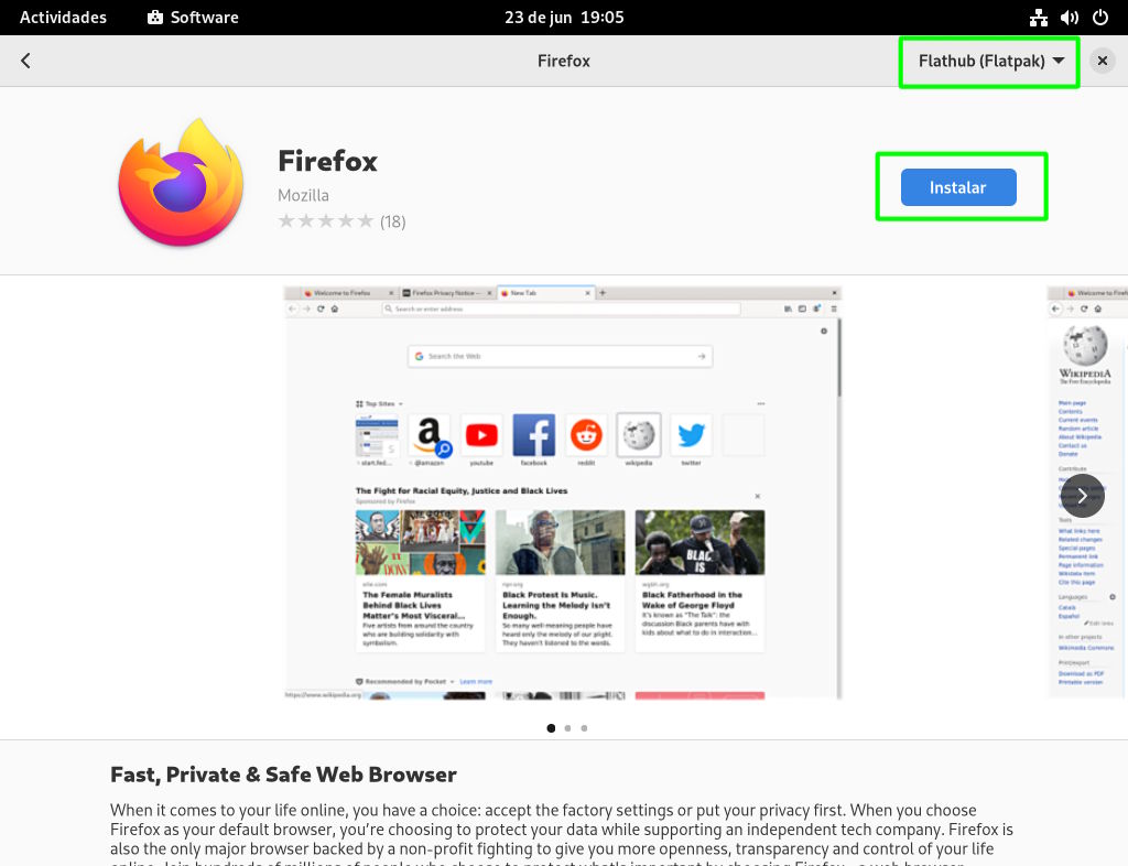 Instalar la versión Flatpak de Firefox suministrada por Flathub