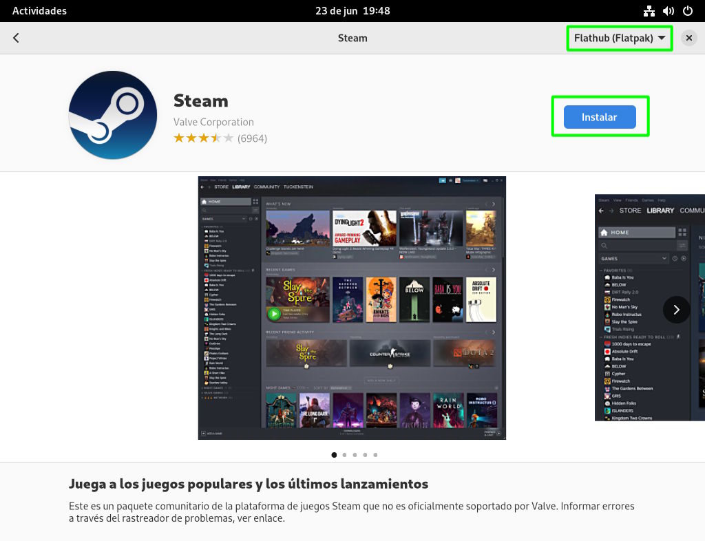 Instalar la versión Flatpak de Steam con GNOME Software