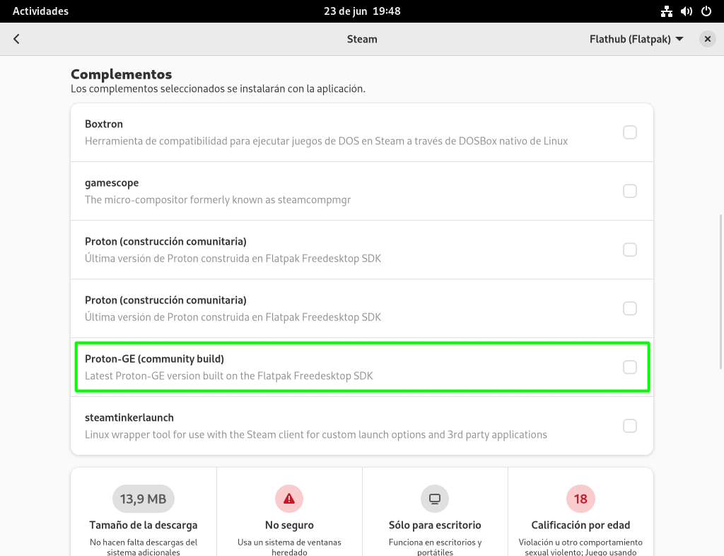 Instalar la versión Flatpak de Proton Glorious Eggroll con GNOME Software