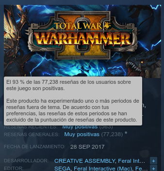 Valoraciones de Total War: WARHAMMER II en Steam