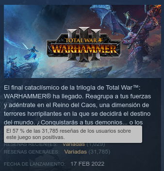 Valoraciones de Total War: WARHAMMER III en Steam