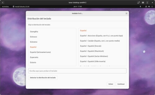 Selección de la distribución de teclado el nuevo instalador de Ubuntu 23.04