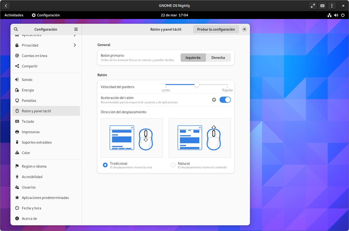 Configuración del ratón y el panel táctil en GNOME 44