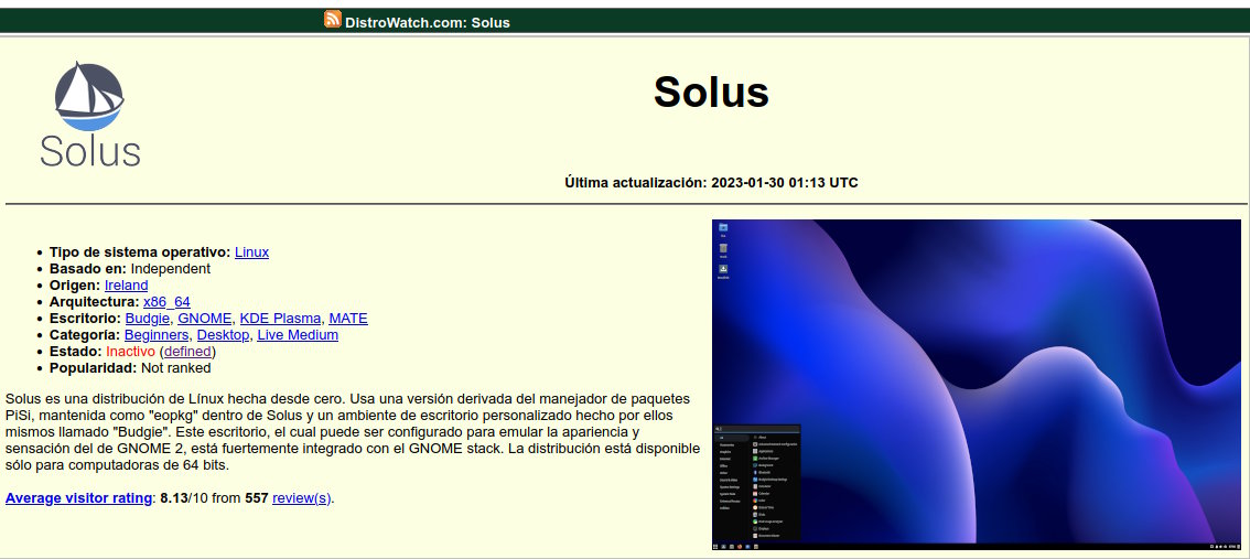 Ficha de Solus en DistroWatch, donde se puede ver que su estado es inactivo