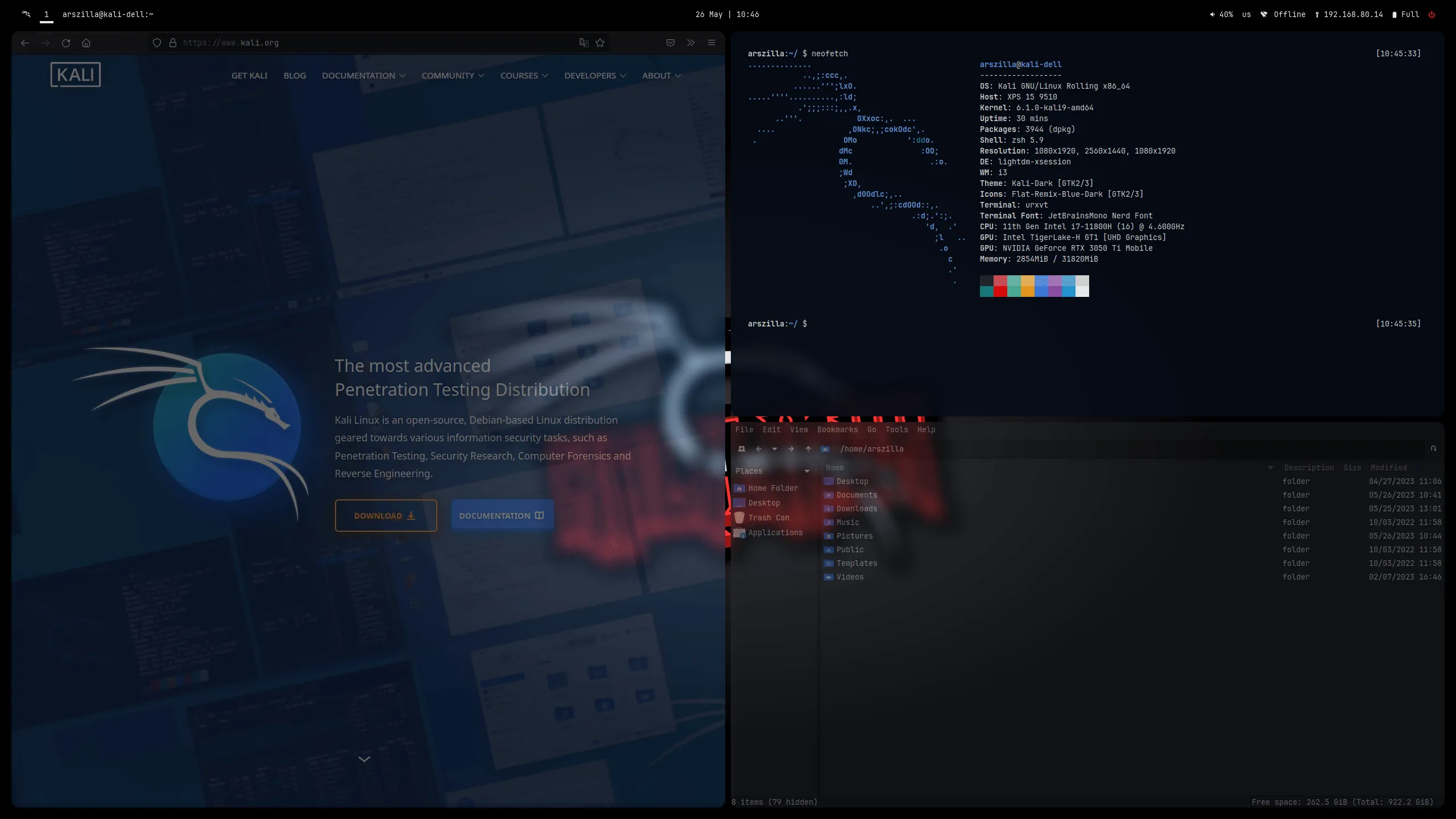 Kali Linux 2023.2 con el gestor de ventanas i3