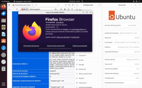 Firefox 121 funcionando sobre XWayland en Ubuntu 22.04 LTS