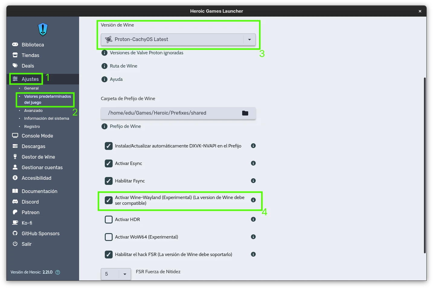 Configurando el Proton de CachyOS en Heroic Games Launcher para poder hacer uso del soporte nativo de Wayland proporcionado por Wine