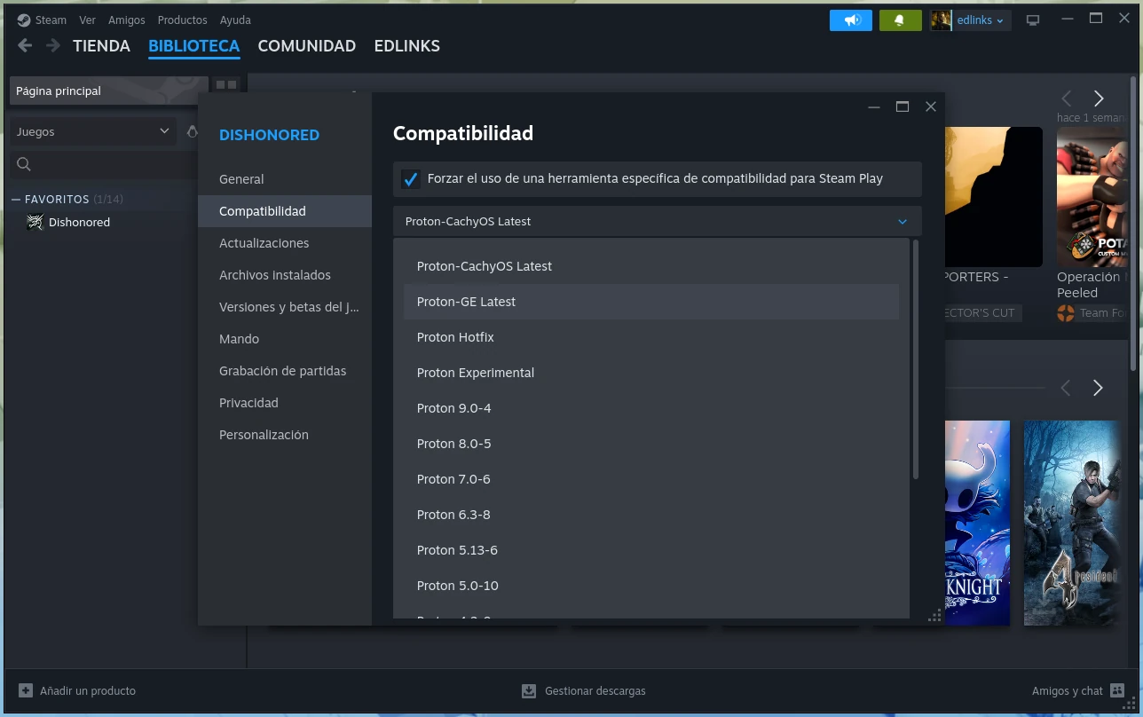 Seleccionando una compilación alternativa de Proton para un juego de Steam